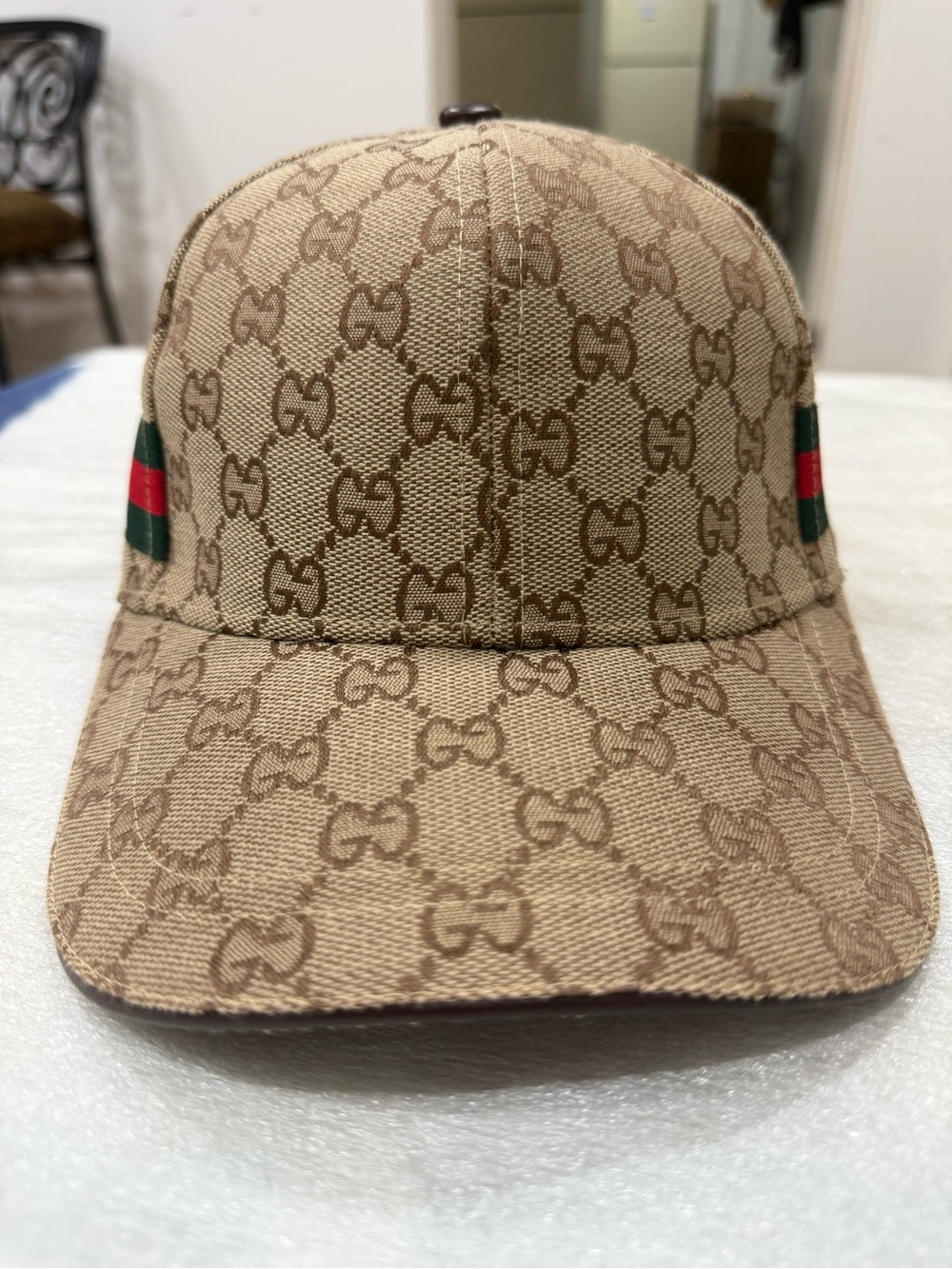 Gucci Tan GG Monogram Baseball Cap with Brown Leather Strap